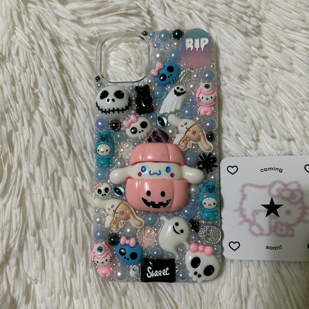 Handmade iPhone 14 Plus Junk Case Halloween Spooky Cinnamoroll Hello Kitty Goth